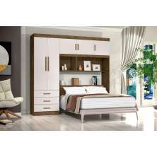 Kit 2x1 Guarda Roupa Roupeiro De Casal Marrom com Off White + Cabeceira com Baú Interno Luxo 2,05 x 2,00 Cc