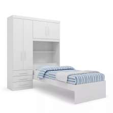 Kit 3x1 Guarda Roupa Roupeiro De Solteiro Branco  + Cama Acoplada + Cabeceira com Baú Interno Luxo