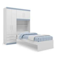 Kit Guarda Roupa de Solteiro Branco com Cabeceira Baú + Cama de Solteiro Acoplada + Colchão de Solteiro Espuma D28