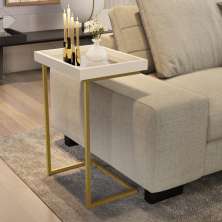 Mesa Lateral Apoio Para Sofá Com Espelho JB 4774 - Pérola com Dourado - Lojas RPM