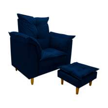 Poltrona de Amamentação + Puff Luana Pés Madeira Suede Azul Marinho