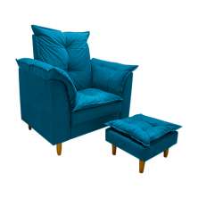 Poltrona de Amamentação + Puff Luana Pés Madeira Suede Azul Royal