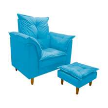 Poltrona de Amamentação + Puff Luana Pés Madeira Suede Azul Tiffany