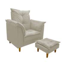 Poltrona de Amamentação + Puff Luana Pés Madeira Suede Bege Claro