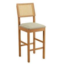 Banqueta Jade 03 Madeira Maciça JCM Encosto Rattan e Linho Bege
