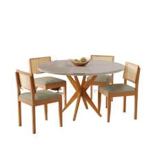 Conjunto Mesa de Jantar Simpatia Redonda Off White com 4 Cadeiras Jade 03 Veludo Bege