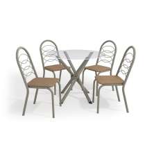 Conjunto de Mesa de Cozinha Redonda com Tampo de Vidro e 4 Cadeiras Monika Corino Marrom e Nikel