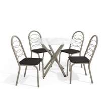 Conjunto de Mesa de Cozinha Redonda com Tampo de Vidro e 4 Cadeiras Monika Corino Preto e Nikel