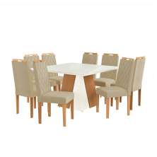 Conjunto de Mesa de Jantar Quadrada com Tampo de Vidro Off White e 8 Cadeiras Dalia Bouclé Bege e Eucalipto