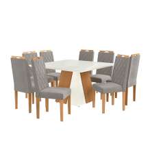 Conjunto de Mesa de Jantar Quadrada com Tampo de Vidro Off White e 8 Cadeiras Dalia Bouclé Cinza e Eucalipto