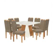 Conjunto de Mesa de Jantar Quadrada com Tampo de Vidro Off White e 8 Cadeiras Dalia Bouclé Fendi e Eucalipto
