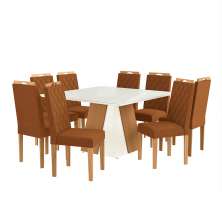 Conjunto de Mesa de Jantar Quadrada com Tampo de Vidro Off White e 8 Cadeiras Dalia Bouclé Terracota e Eucalipto
