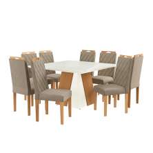 Conjunto de Mesa de Jantar Quadrada com Tampo de Vidro Off White e 8 Cadeiras Dalia Linho Amêndoa e Eucalipto