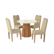 Conjunto de Mesa de Jantar Redonda com Tampo de Vidro Off White e 4 Cadeiras Jade Bouclé Bege e Eucalipto
