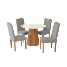 Conjunto de Mesa de Jantar Redonda com Tampo de Vidro Off White e 4 Cadeiras Jade Bouclé Cinza e Eucalipto