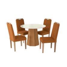Conjunto de Mesa de Jantar Redonda com Tampo de Vidro Off White e 4 Cadeiras Jade Bouclé Terracota e Eucalipto