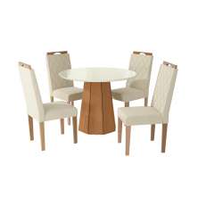 Conjunto de Mesa de Jantar Redonda com Tampo de Vidro Off White e 4 Cadeiras Jade Linho Areia e Eucalipto