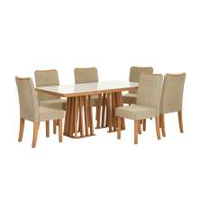 Conjunto de Mesa de Jantar Retangular com Tampo de Vidro Off White Alteia e 6 Cadeiras Elva Bouclé Bege e Canela