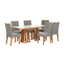 Conjunto de Mesa de Jantar Retangular com Tampo de Vidro Off White Alteia e 6 Cadeiras Elva Bouclé Cinza e Canela