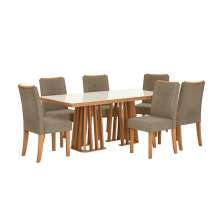 Conjunto de Mesa de Jantar Retangular com Tampo de Vidro Off White Alteia e 6 Cadeiras Elva Bouclé Fendi e Canela