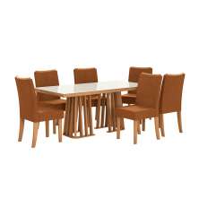 Conjunto de Mesa de Jantar Retangular com Tampo de Vidro Off White Alteia e 6 Cadeiras Elva Bouclé Terracota e Canela