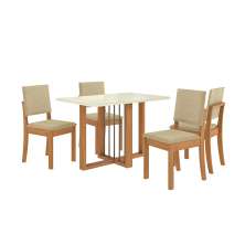 Conjunto de Mesa de Jantar Retangular com Tampo de Vidro Off White Antonela e 4 Cadeiras Lunas Bouclé Bege e Canela