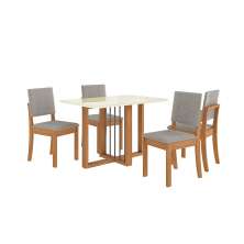 Conjunto de Mesa de Jantar Retangular com Tampo de Vidro Off White Antonela e 4 Cadeiras Lunas Bouclé Cinza e Canela