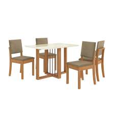 Conjunto de Mesa de Jantar Retangular com Tampo de Vidro Off White Antonela e 4 Cadeiras Lunas Bouclé Fendi e Canela