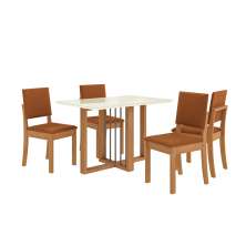 Conjunto de Mesa de Jantar Retangular com Tampo de Vidro Off White Antonela e 4 Cadeiras Lunas Bouclé Terracota e Canela
