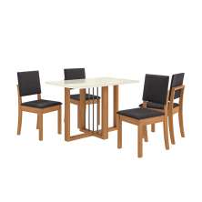 Conjunto de Mesa de Jantar Retangular com Tampo de Vidro Off White Antonela e 4 Cadeiras Lunas Bouclé Titânio e Canela