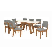 Conjunto de Mesa de Jantar Retangular com Tampo de Vidro Off White Cinara e 8 Cadeiras Luna Bouclé Cinza e Canela