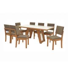 Conjunto de Mesa de Jantar Retangular com Tampo de Vidro Off White Cinara e 8 Cadeiras Luna Bouclé Fendi e Canela