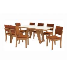 Conjunto de Mesa de Jantar Retangular com Tampo de Vidro Off White Cinara e 8 Cadeiras Luna Bouclé Terracota e Canela
