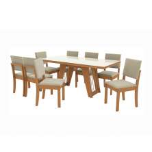 Conjunto de Mesa de Jantar Retangular com Tampo de Vidro Off White Cinara e 8 Cadeiras Luna Jacquard Bege e Canela