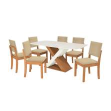Conjunto de Mesa de Jantar Retangular com Tampo de Vidro Off White Graviola e 6 Cadeiras Luna Bouclé Bege e Canela