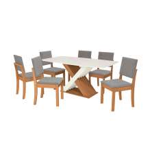Conjunto de Mesa de Jantar Retangular com Tampo de Vidro Off White Graviola e 6 Cadeiras Luna Bouclé Cinza e Canela