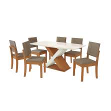 Conjunto de Mesa de Jantar Retangular com Tampo de Vidro Off White Graviola e 6 Cadeiras Luna Bouclé Fendi e Canela