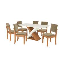 Conjunto de Mesa de Jantar Retangular com Tampo de Vidro Off White Graviola e 6 Cadeiras Luna Suede Bege e Canela