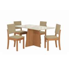 Conjunto de Mesa de Jantar Retangular com Tampo de Vidro Off White Lotus e 4 Cadeiras Luna Bouclé Bege e Canela