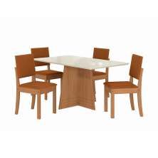 Conjunto de Mesa de Jantar Retangular com Tampo de Vidro Off White Lotus e 4 Cadeiras Luna Bouclé Terracota e Canela