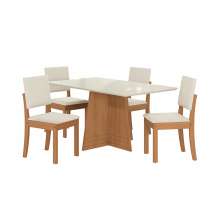 Conjunto de Mesa de Jantar Retangular com Tampo de Vidro Off White Lotus e 4 Cadeiras Luna Linho Areia e Canela