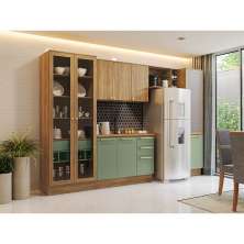 Cozinha compacta Botanic com Tela e Vidro 9 Portas 4 Gavetas Nogueira e Verde