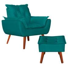 Poltrona com Puff Decorativo Opala Suede Azul Kasa Sofá