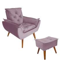 Poltrona com Puff Opala Decorativo Veludo Rosê Amamentação e Descanso Kasa Sofá