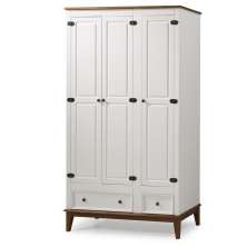 Guarda-Roupa Rústico 3 Portas e 2 Gavetas - Madeira Maciça e MDF - Branco