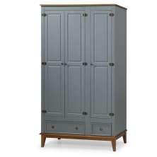 Guarda-Roupa Rústico 3 Portas e 2 Gavetas - Madeira Maciça e MDF - Cinza