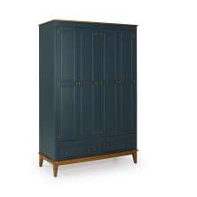 Guarda-Roupa Rústico 4 Portas e 2 Gavetas - Madeira Maciça e MDF - AZUL PETRÓLEO