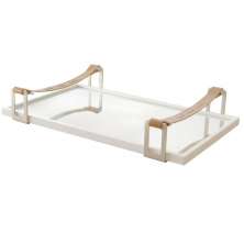 Bandeja Espelhada Tray Branco com Alça Couro Marrom