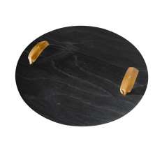 Bandeja Redonda Maré MDF Laminado Ébano com Alça em Couro Marrom
