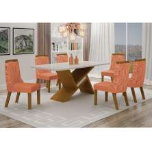 Conjunto Sala de Jantar Agata Mesa Freijo/Off White 1,80m C/ 6 Cadeiras Joli Terracota Moveis Leifer Freijó/Off White